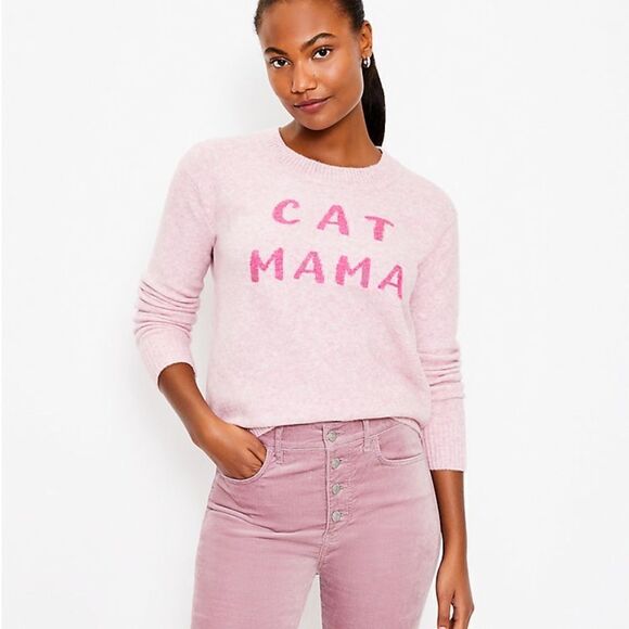 LOFT Pink Cat Mama Crew Neck Pullover Sweater Size XS - Picture 1 of 9